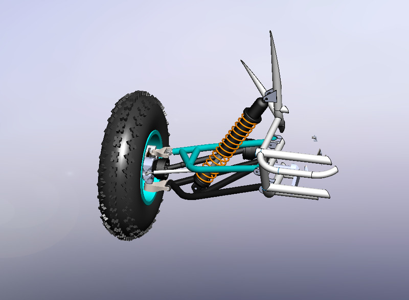SolidWorks render of a Baja SAE front corner: knobby tire, upright, teal upper and lower A-arms and an orange coilover mounted to the frame