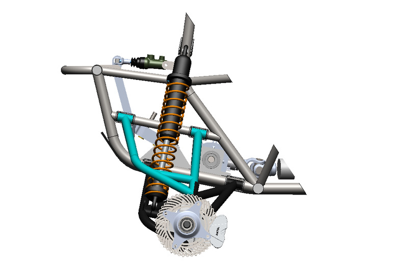 SolidWorks side view of a Baja SAE front corner showing the coilover, A-arm, hub and brake rotor