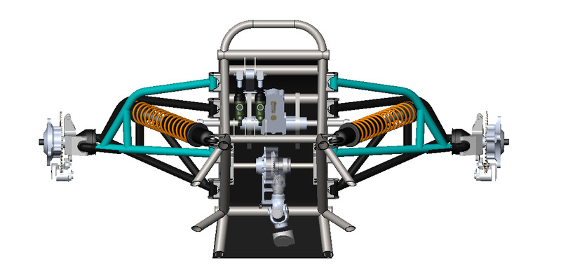 SolidWorks front view of the Baja SAE front suspension with A-arms, coilovers and uprights, and the steering shaft with its U-joint