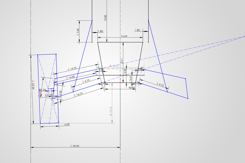 2D SolidWorks half-car suspension sketch with the droop position drawn in blue over the ride position
