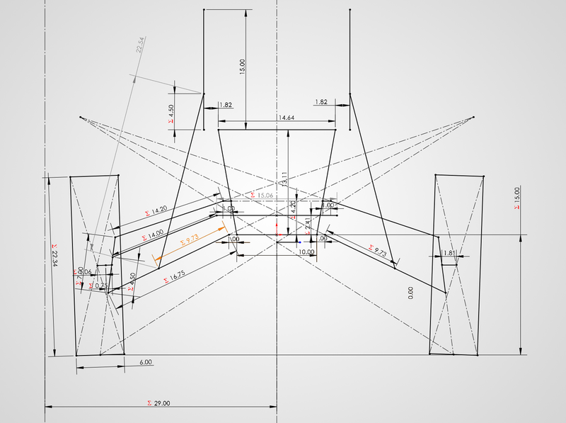 Dimensioned 2D SolidWorks sketch of the full-width front suspension geometry with construction lines to the instant centers and roll center