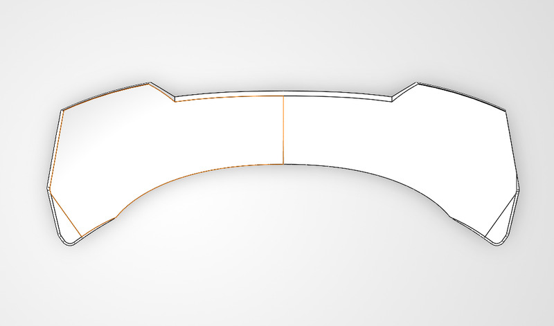 SolidWorks surface model of the duckbill spoiler seen from the rear, showing the end plates