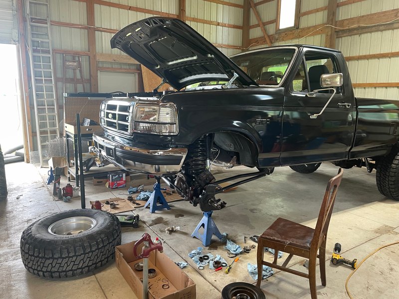 In the shop on jack stands, front suspension apart, Jul 7, 2023